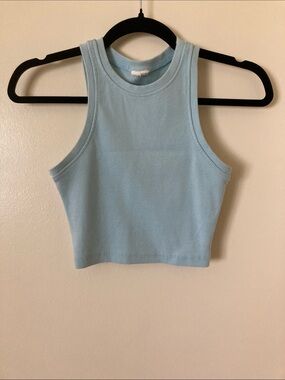 Ribbed High-Neck Crop Tank Top - Light Blue